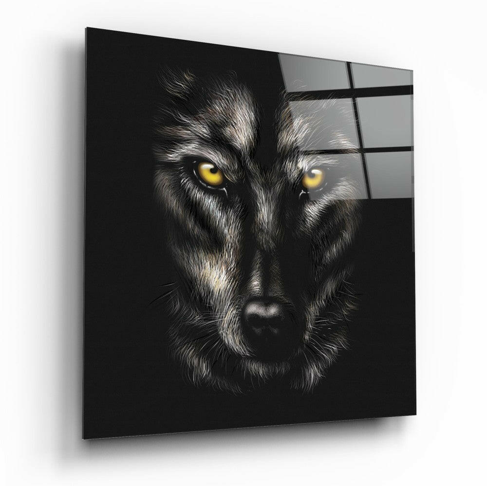 Wolf portrait with pale eyes facing forward, glass wall art