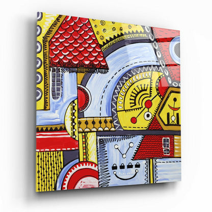 Abstract Houses glass wall art with modern architectural design