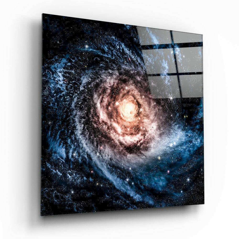 Space Blue Infinity abstract glass wall art on a wall