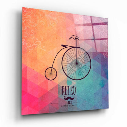 Retro vintage bicycle glass wall art in warm tones on high-gloss tempered glass