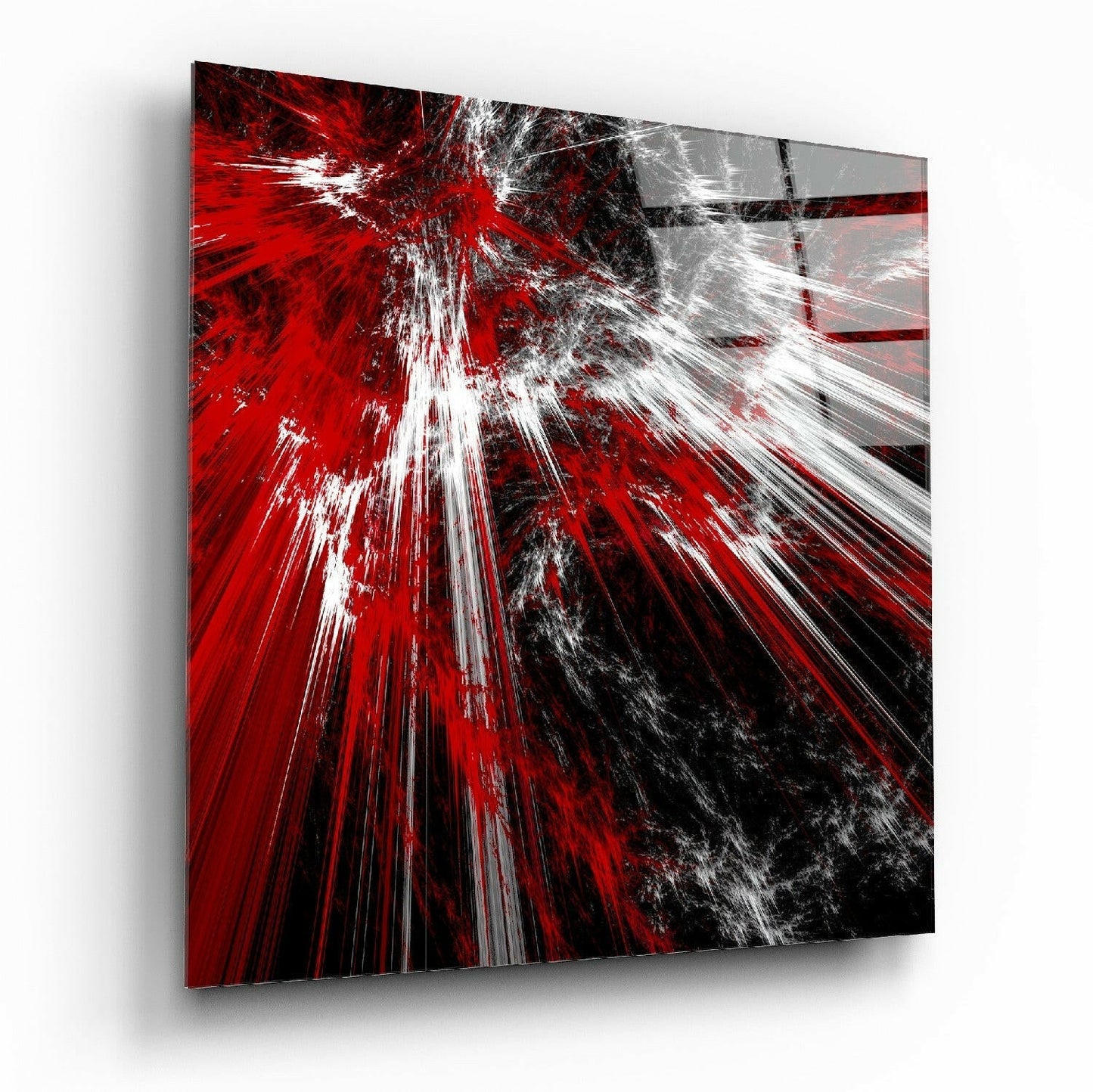 Red Explosion abstract glass wall art hanging on a wall