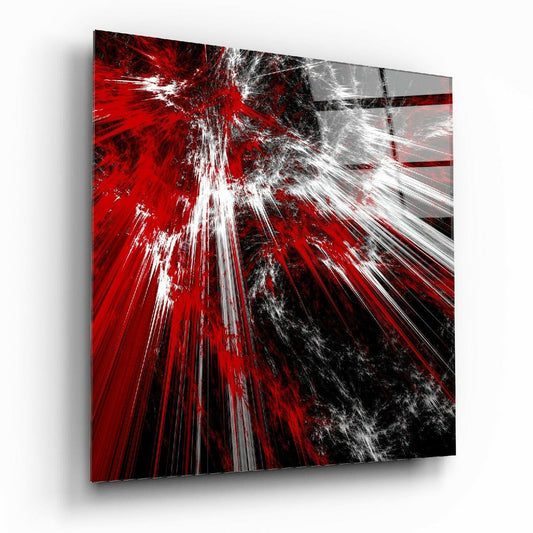 Red Explosion abstract glass wall art hanging on a wall