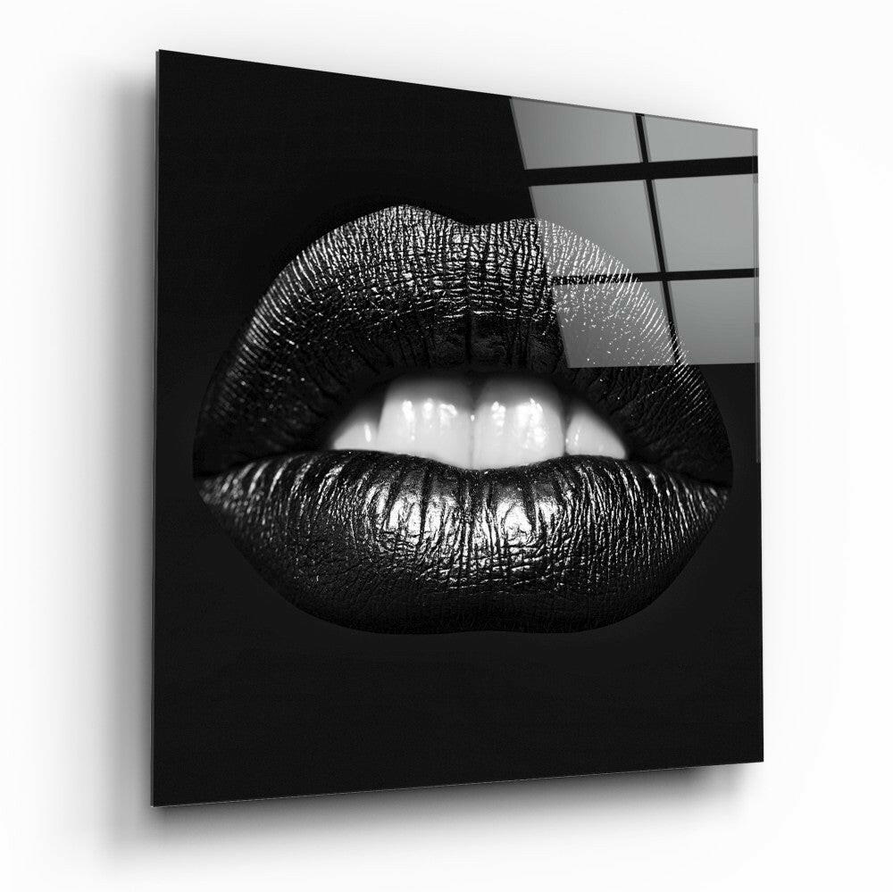 Black lips glass wall art, bold fashion close-up on high-gloss tempered glass