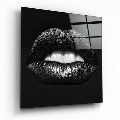 Black lips glass wall art, bold fashion close-up on high-gloss tempered glass