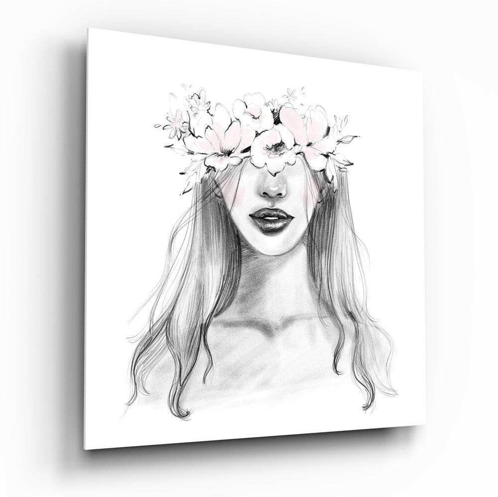 Flower Crowned Woman Glass Wall Art tempered glass print, floral portrait design