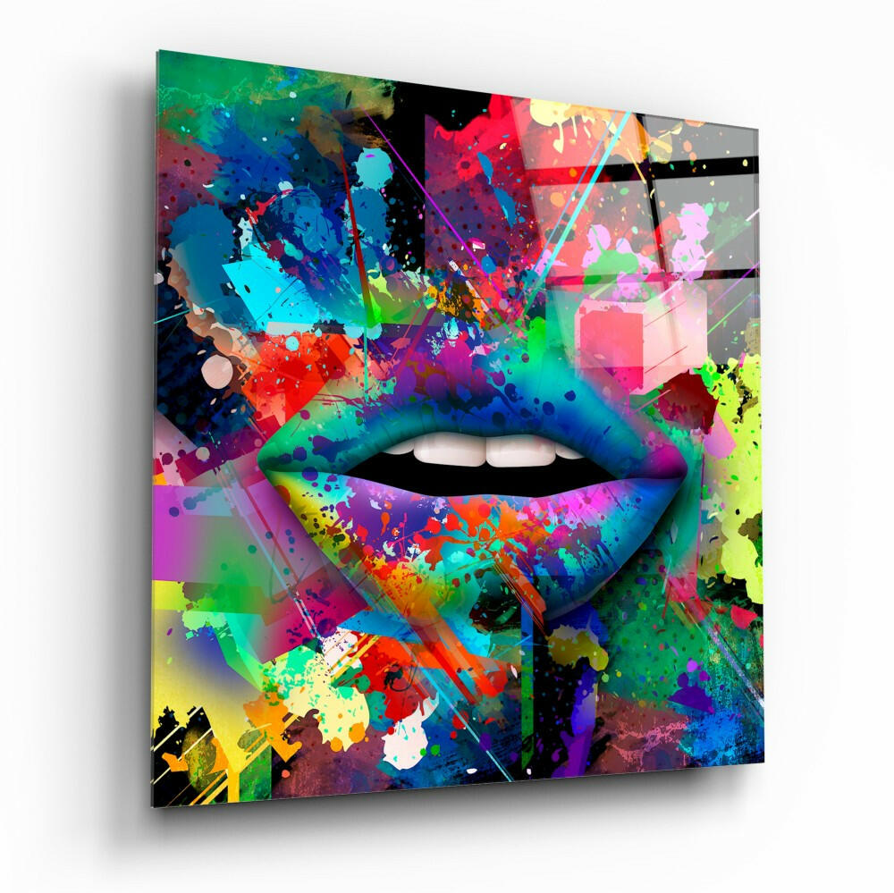Colored Lips Glass Wall Art tempered glass print in a modern living room