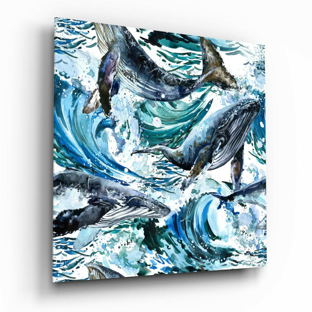 Dance of the Whales tempered glass wall art, whale ocean scene high-gloss UV print