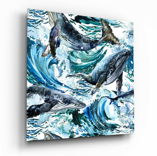 Dance of the Whales tempered glass wall art, whale ocean scene high-gloss UV print