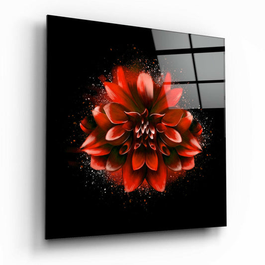 Red Lotus floral glass wall art