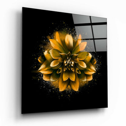 Yellow Lotus tempered glass wall art hanging in a modern living room