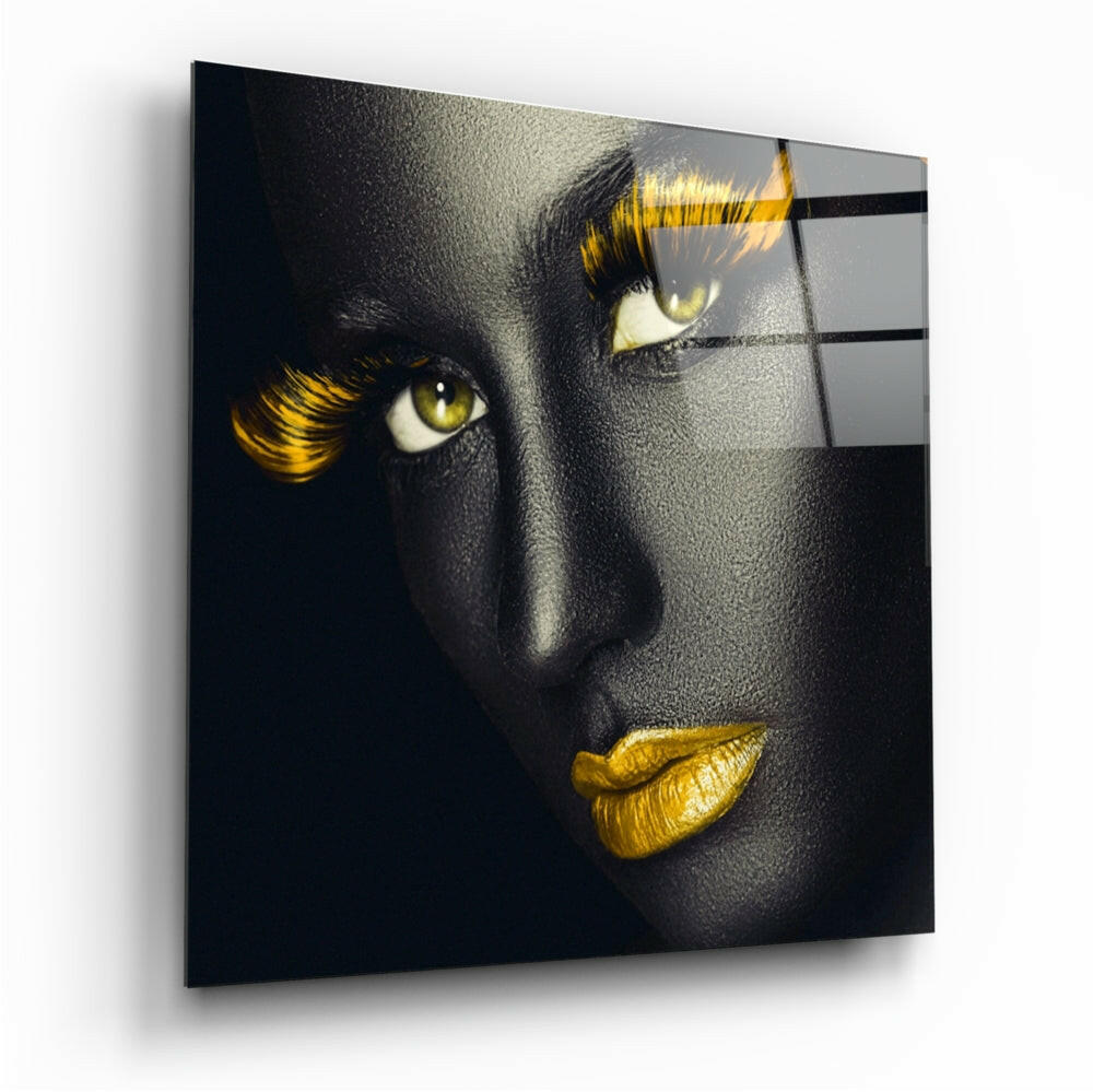 Yellow Lashes tempered glass wall art hanging in a modern living room