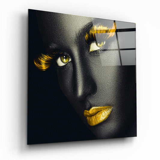 Yellow Lashes tempered glass wall art hanging in a modern living room