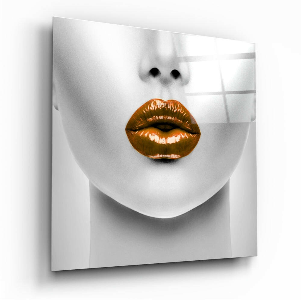 Red lips glass wall art, bold fashion close-up on high-gloss tempered glass
