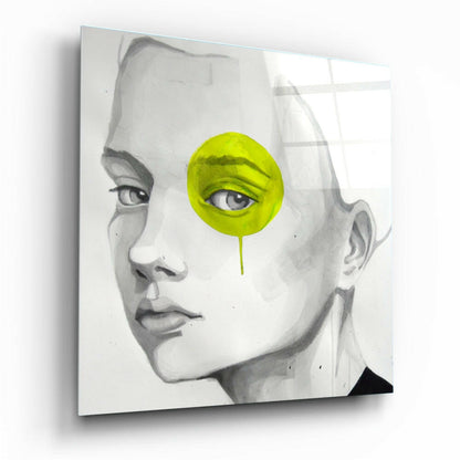 Yellow Look tempered glass wall art hanging in a modern living room