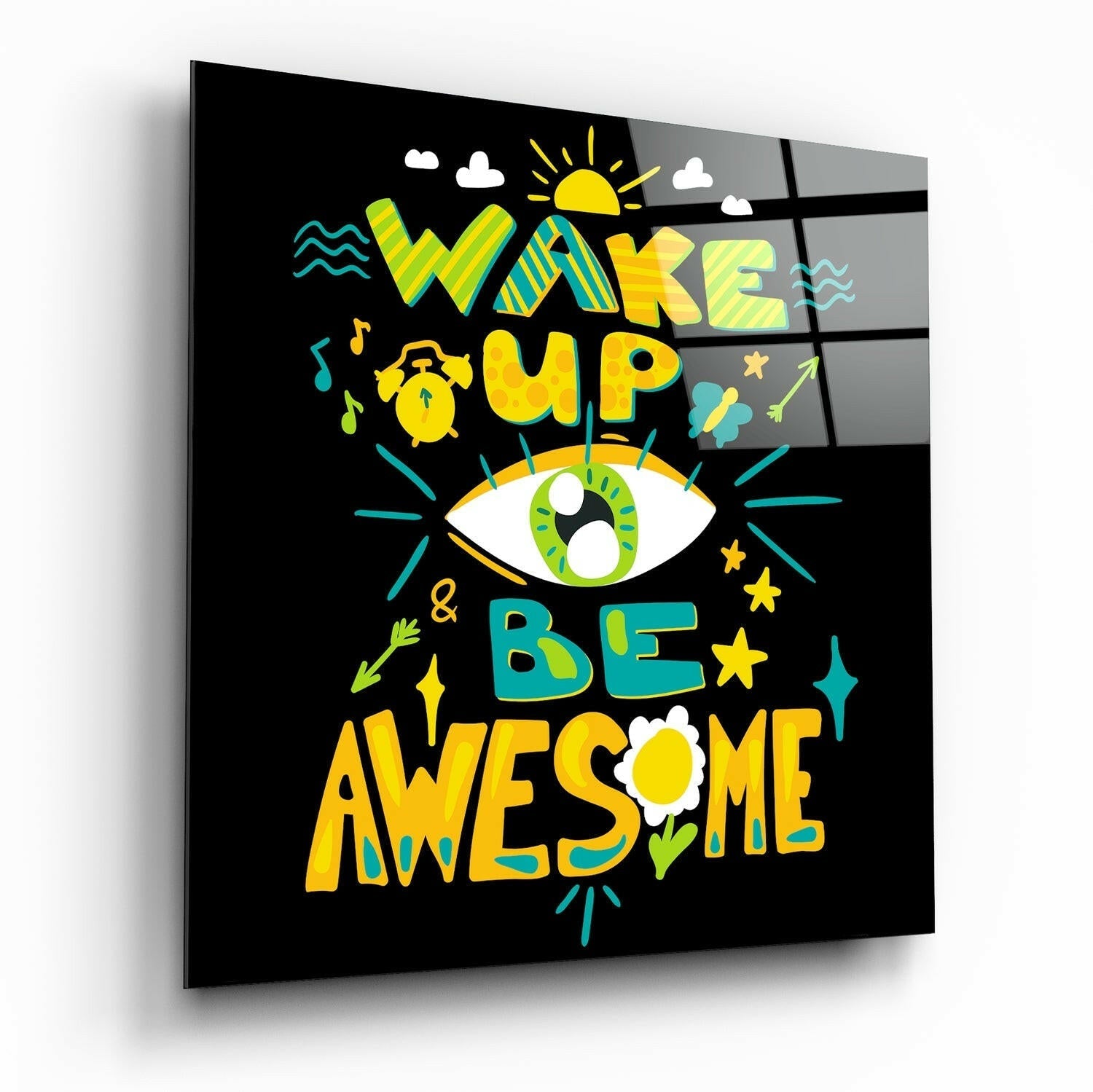 Wake Up glass wall art motivational typography print