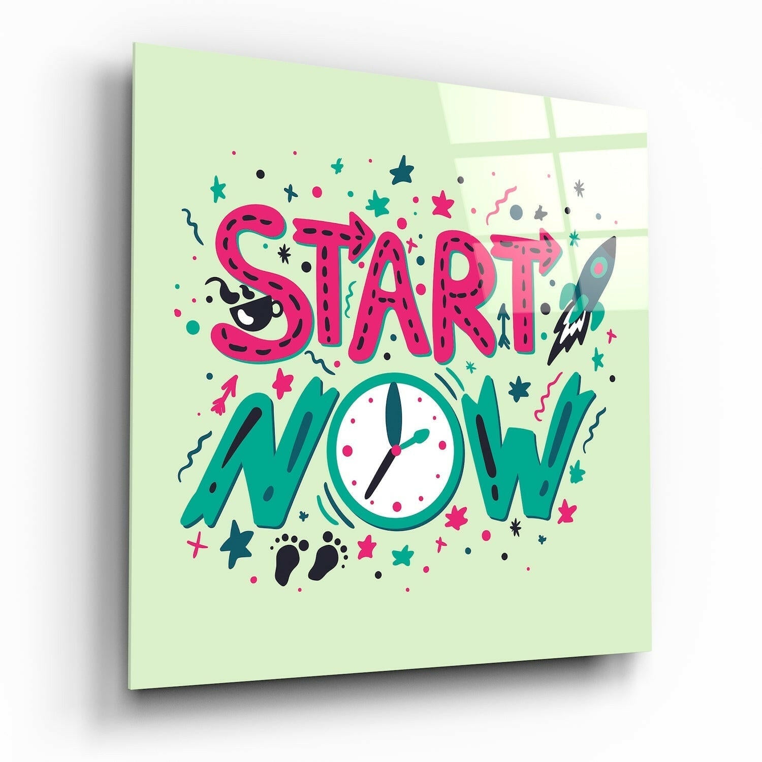 Start Now glass wall art motivational typography print