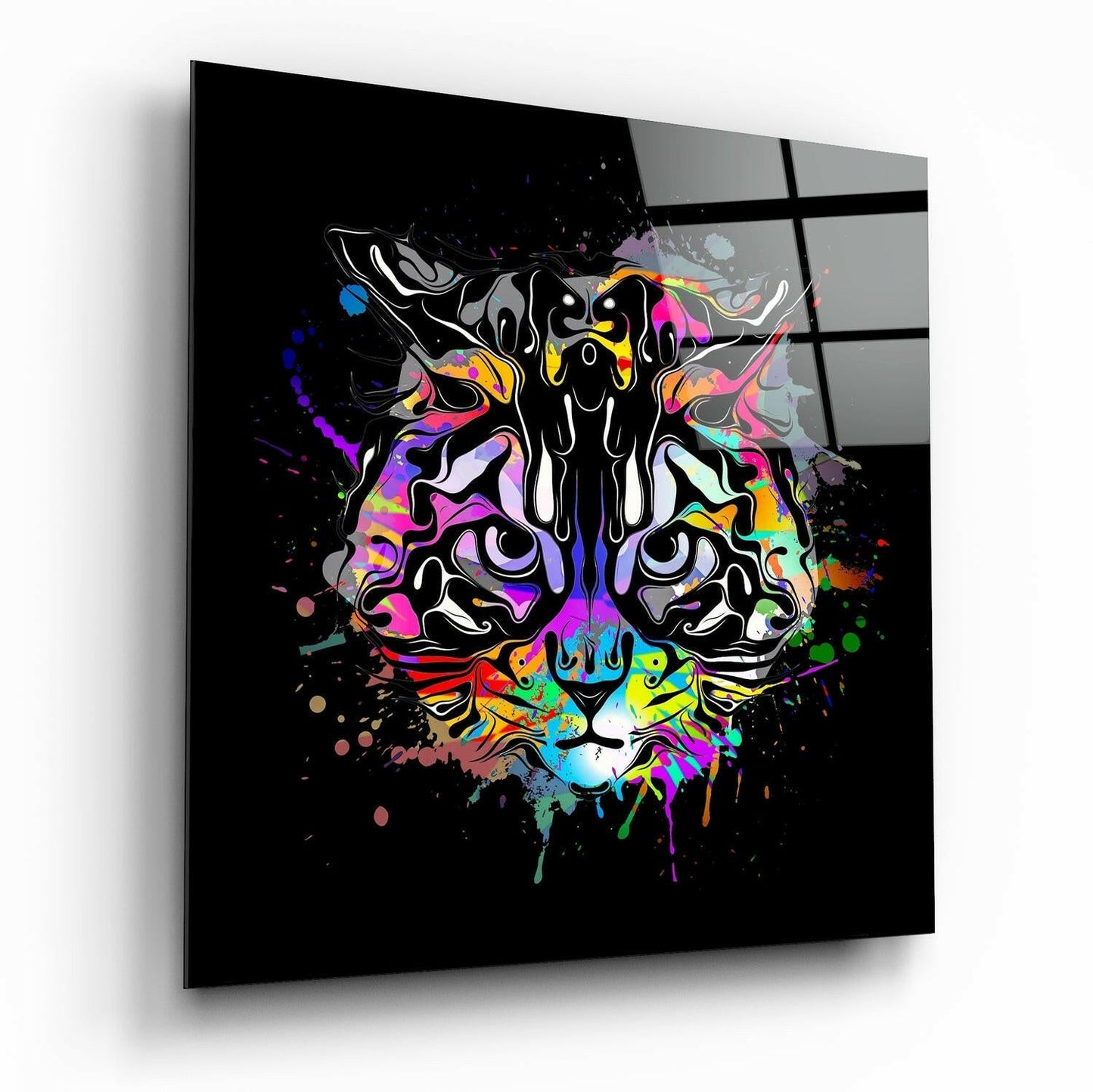 Cat art glass wall art with modern feline print on glossy tempered glass