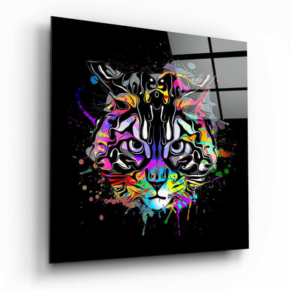 Cat art glass wall art with modern feline print on glossy tempered glass
