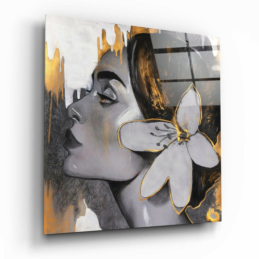 Flower head glass wall art with floral silhouette design