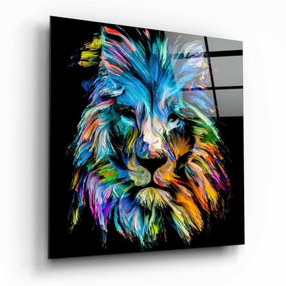 Blue lion glass wall art, cool blue palette lion portrait on tempered glass