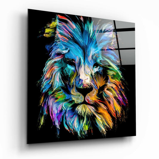 Blue lion glass wall art, cool blue palette lion portrait on tempered glass
