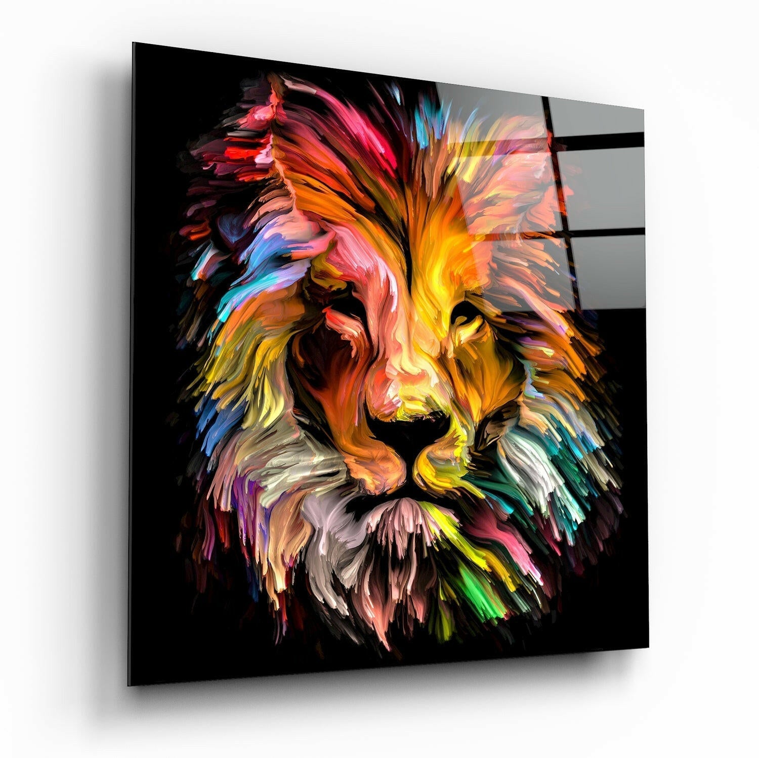 Yellow lion glass wall art, vivid bold lion portrait on tempered glass