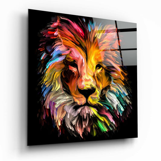 Yellow lion glass wall art, vivid bold lion portrait on tempered glass