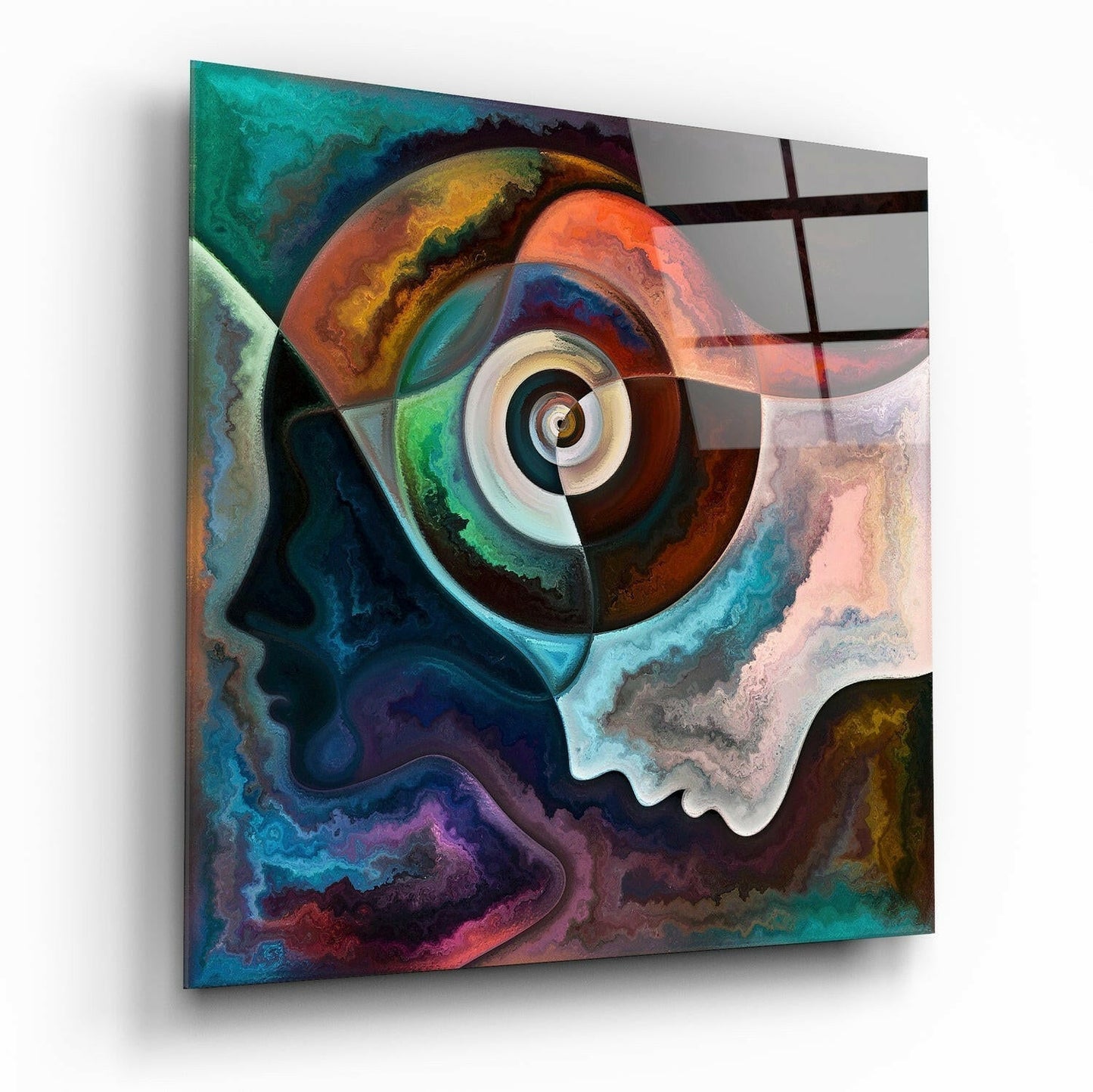 Meditation lotus glass wall art in indigo and amber on high-gloss tempered glass
