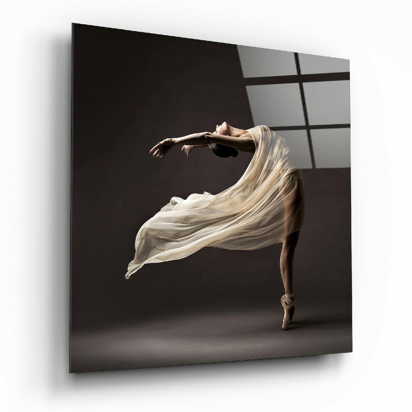 Ballerina Glass Wall Art - dancer wrapped in flowing fabric on tempered glass