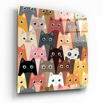 Cats glass wall art above living room sofa
