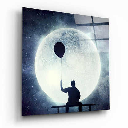 Full Moon glass wall art above bedroom bed