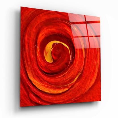 Red bicycle circle glass wall art in bold scarlet tones on high-gloss tempered glass
