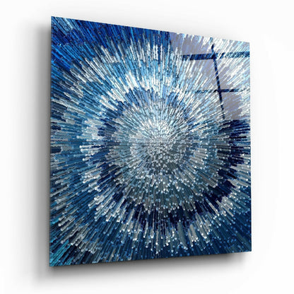 Cycle of Blue abstract glass wall art in cool flowing blue tones on glossy tempered glass