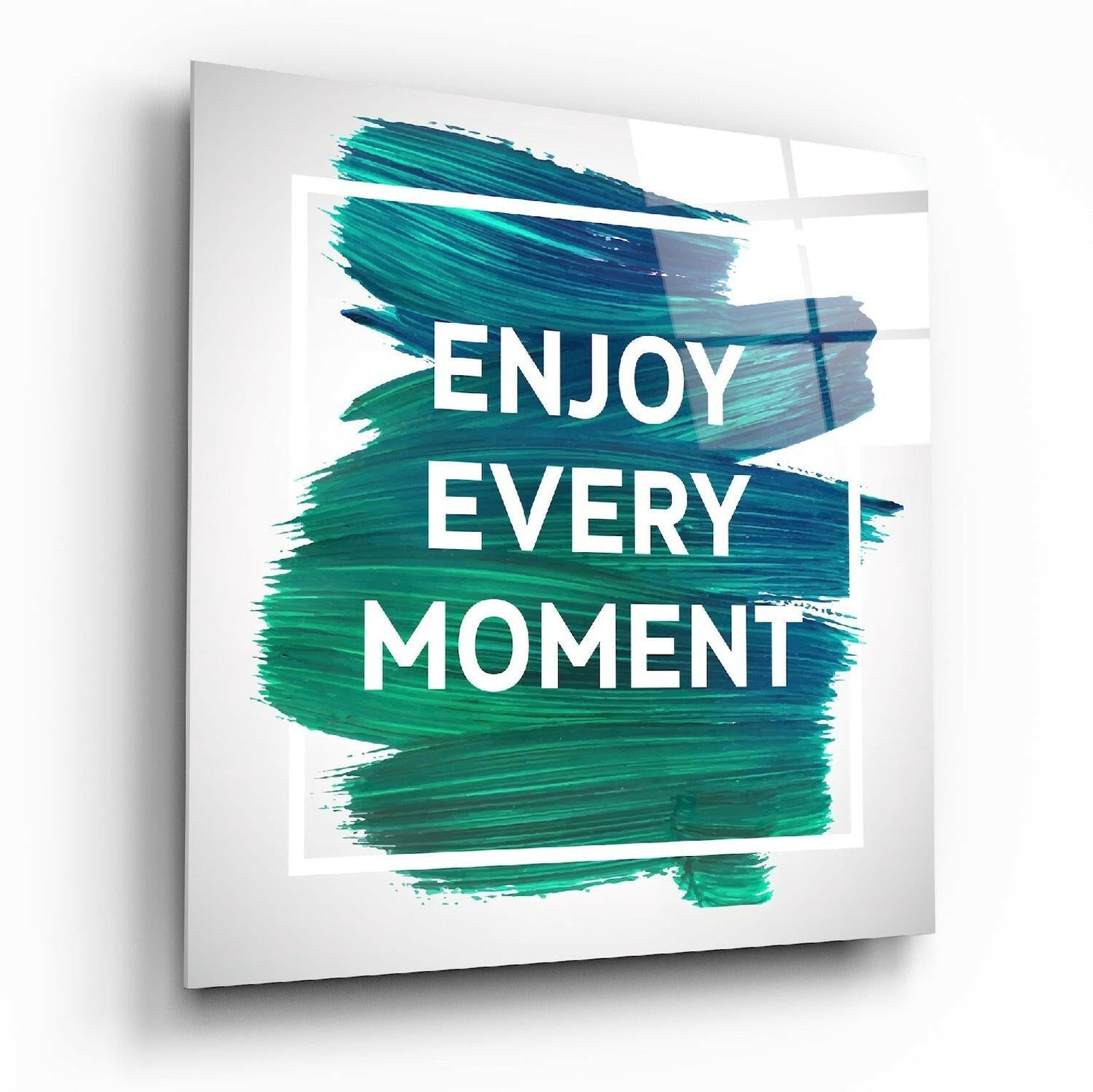Enjoy the moment glass wall art on living room wall