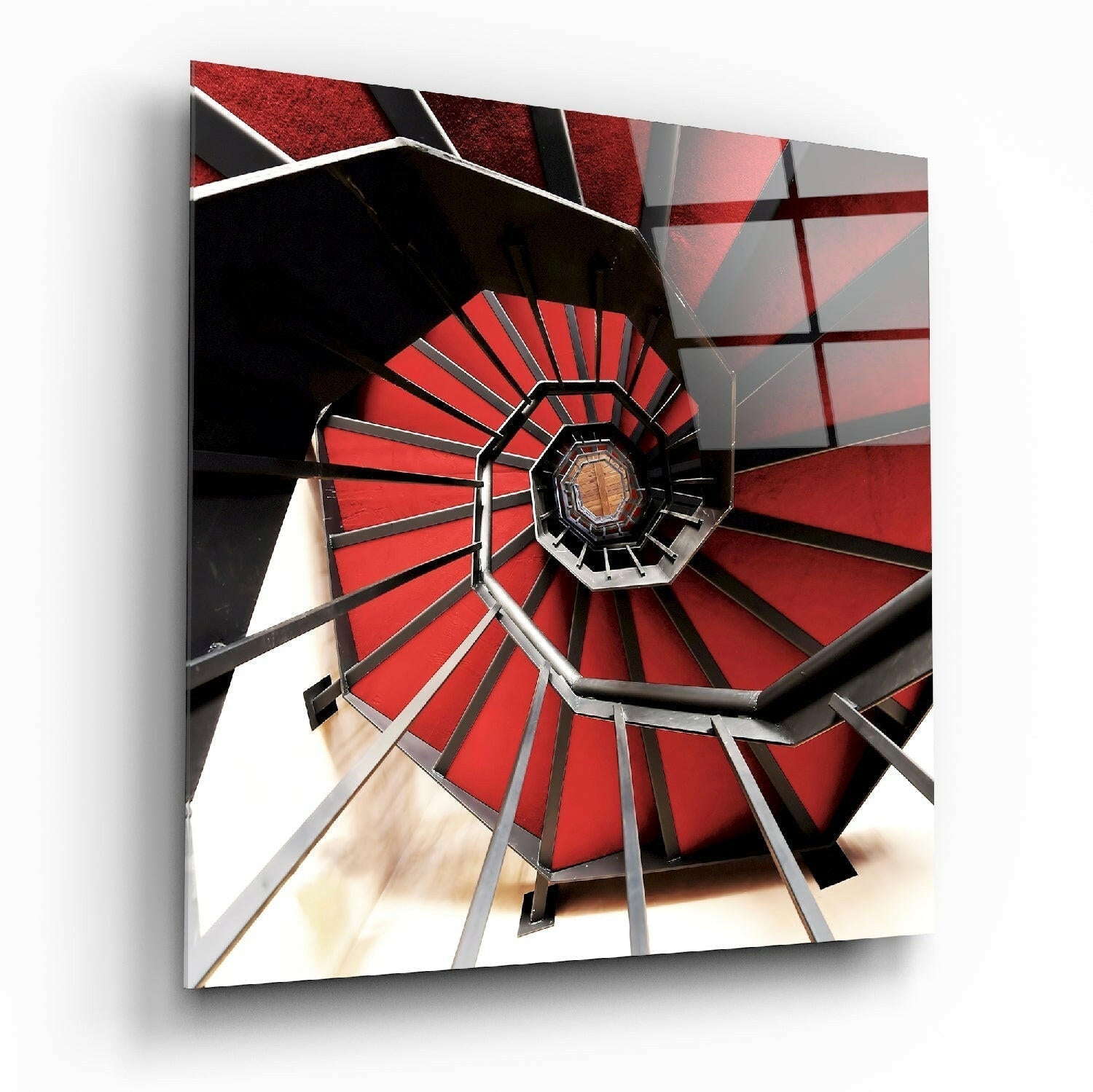 Red Stair glass wall art in modern hallway