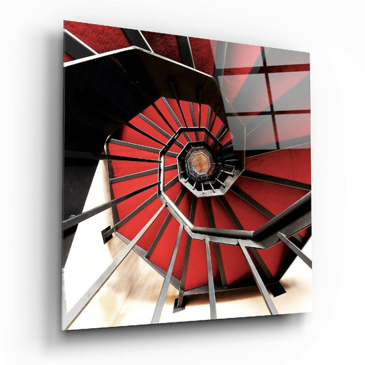 Red Stair glass wall art in modern hallway