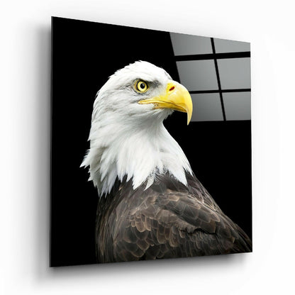Eagle glass wall art above living room fireplace