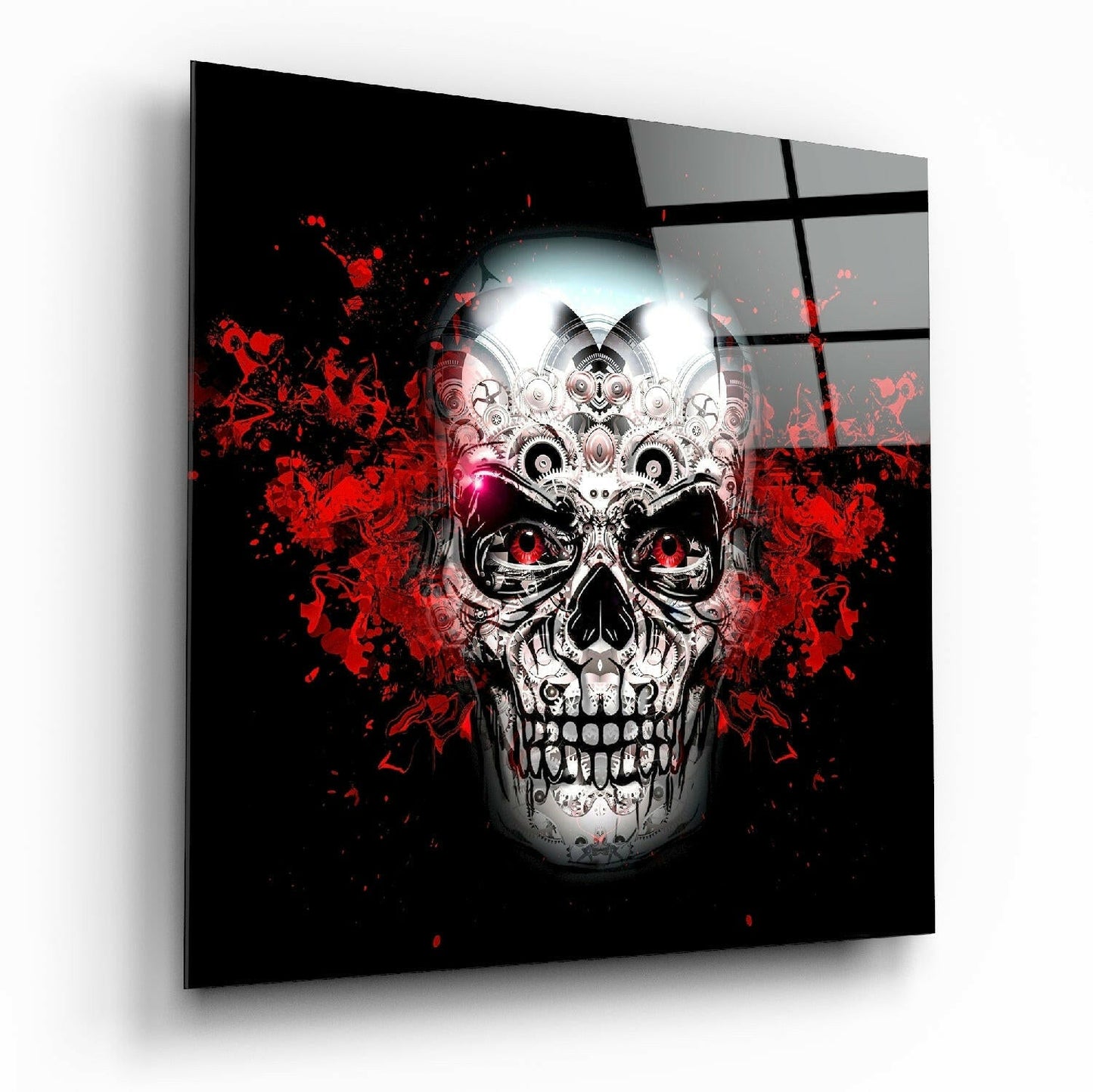 Skull glass wall art with bold graphic print and glossy tempered glass finish