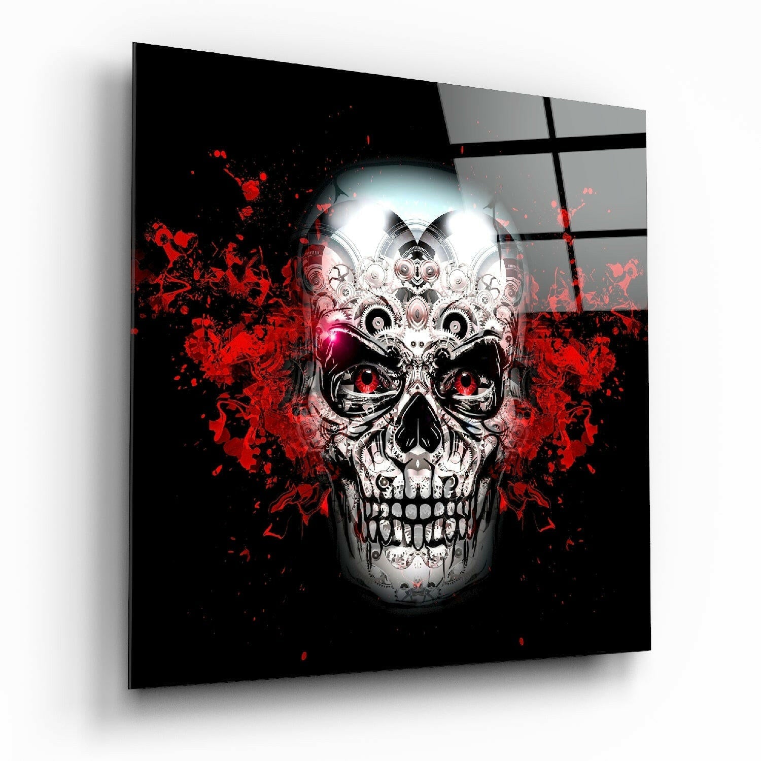 Skull glass wall art with bold graphic print and glossy tempered glass finish
