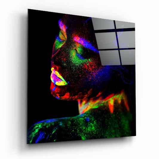 Neon color makeup glass wall art with bold graphic print and glossy finish