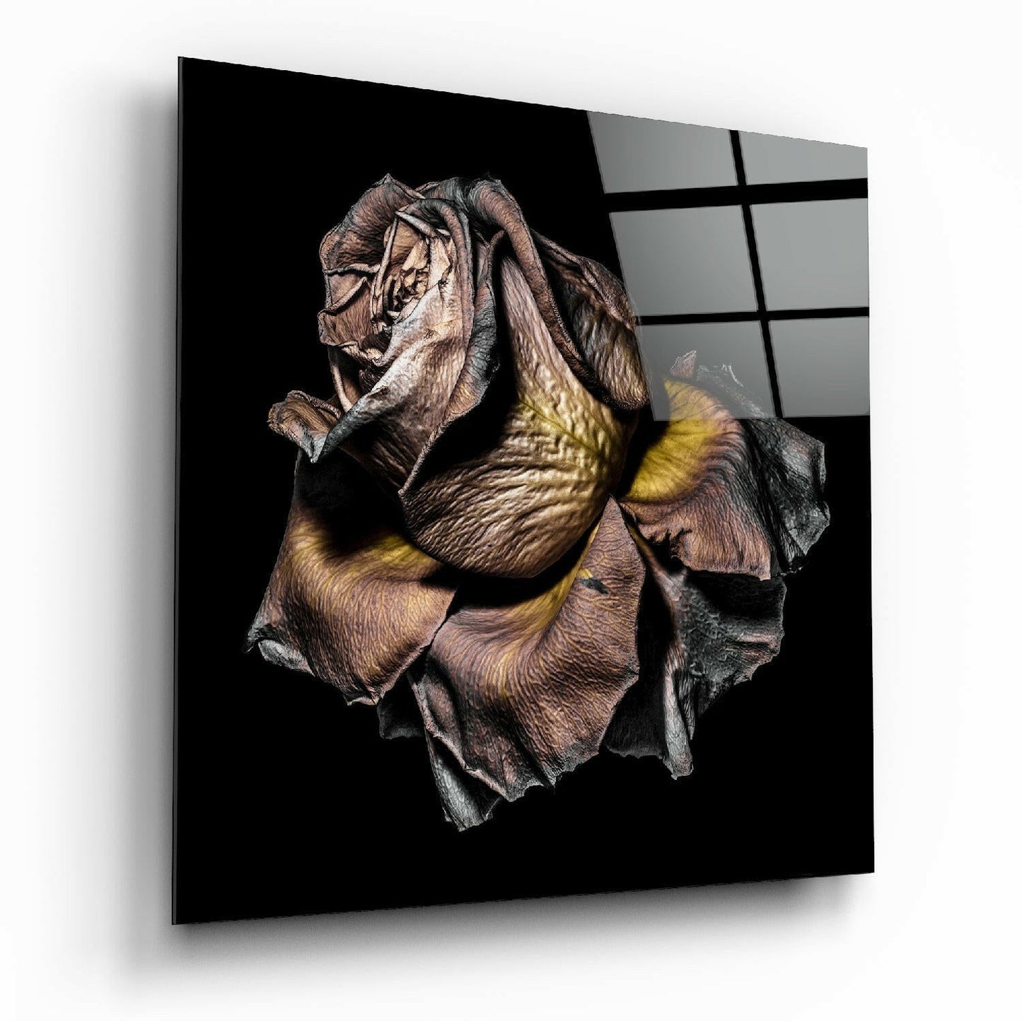 Dried rose glass wall art with romantic floral print and glossy finish