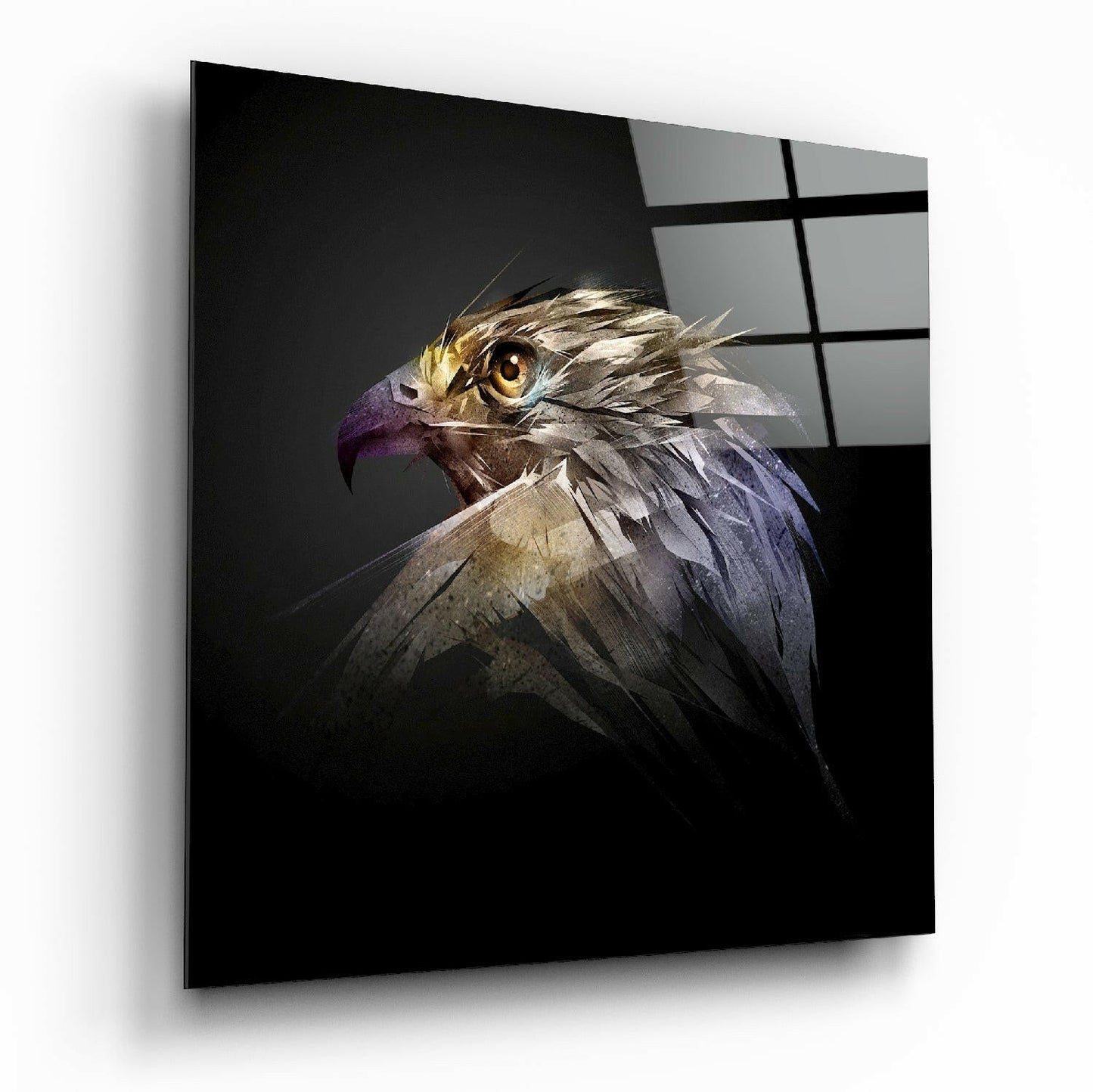 Falcon glass wall art with bold bird print and glossy tempered glass finish