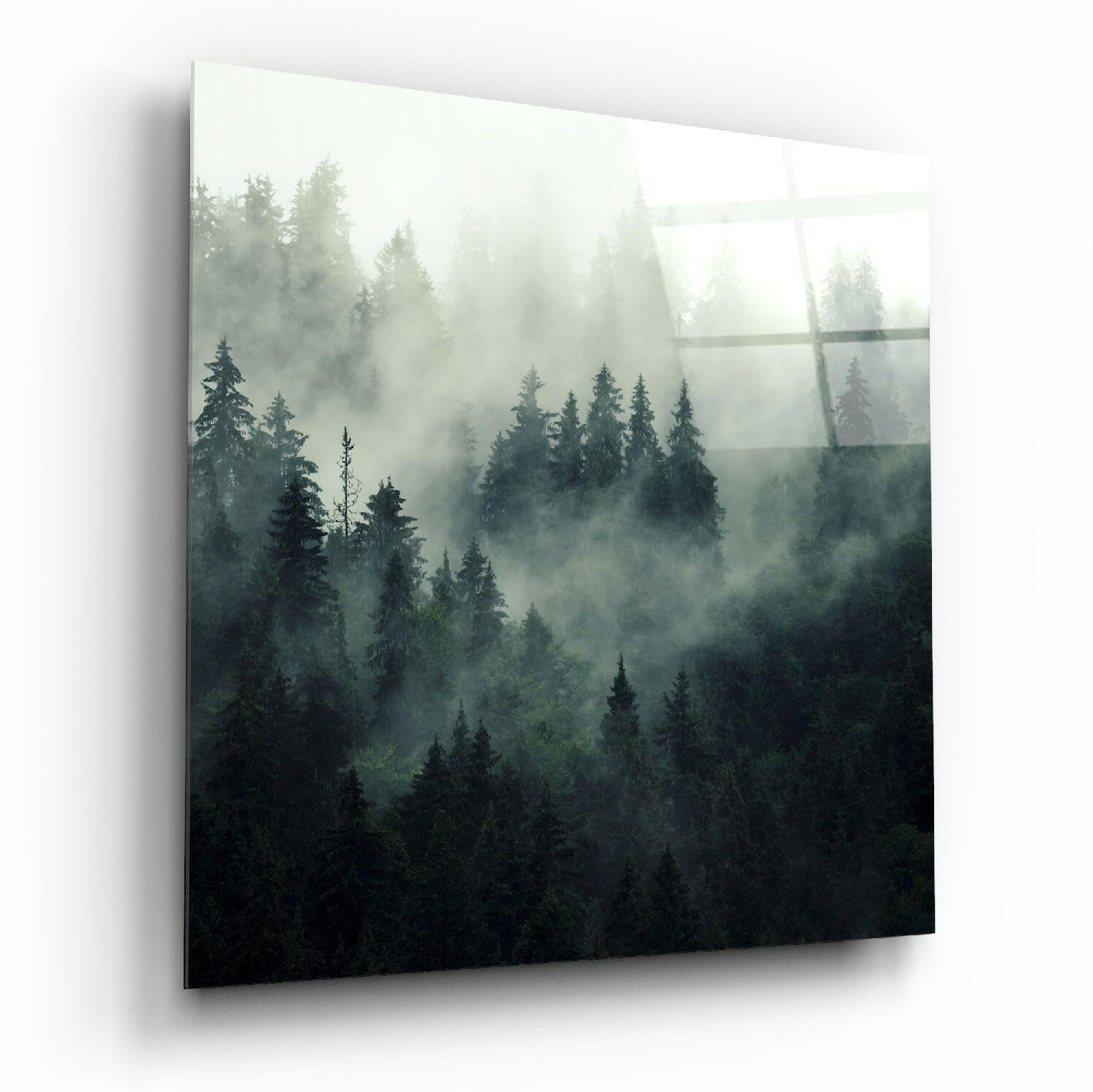 Foggy forest glass wall art on living room wall