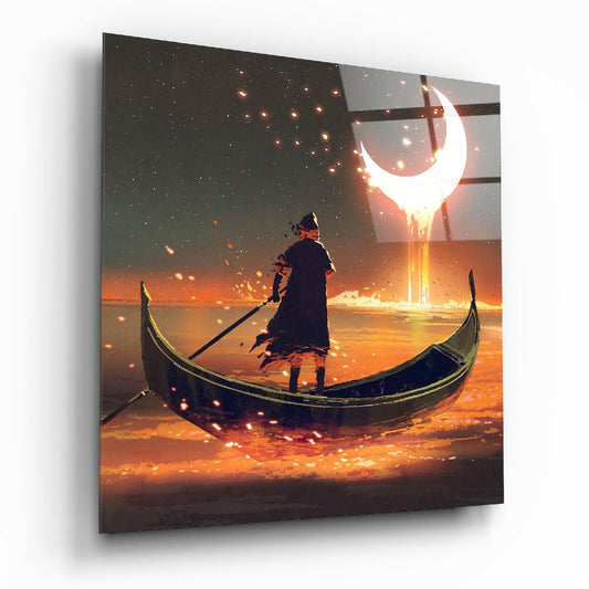 Red Moon celestial glass wall art