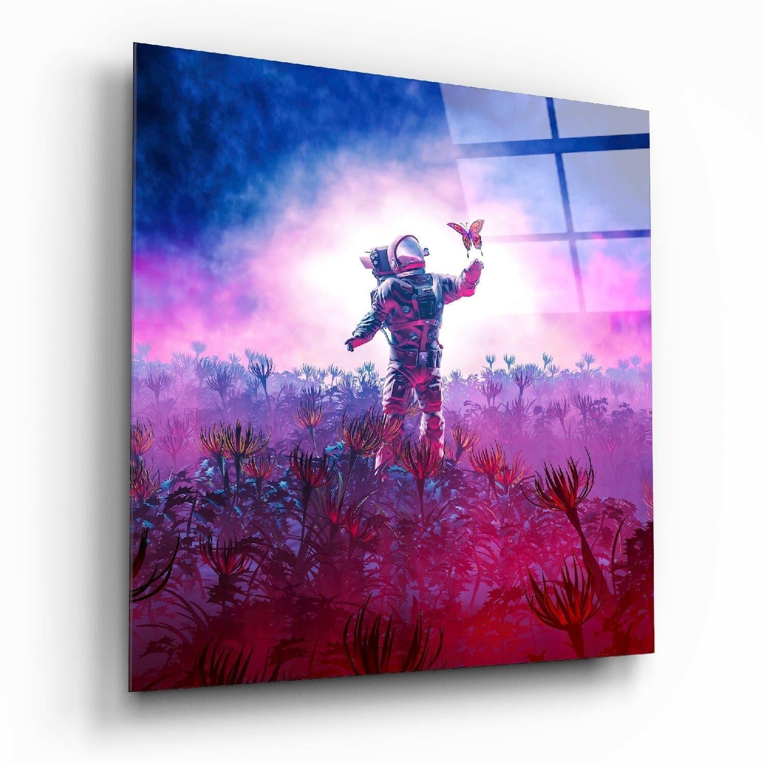 New worlds glass wall art on living room wall
