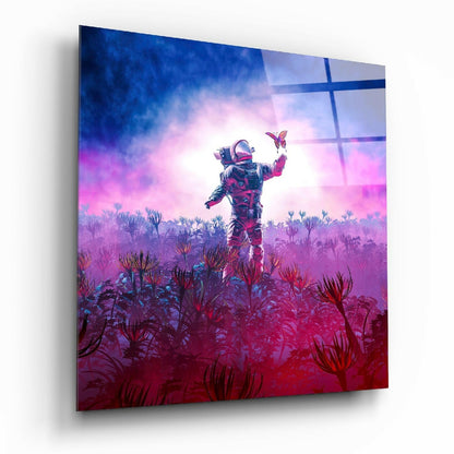 New worlds glass wall art on living room wall