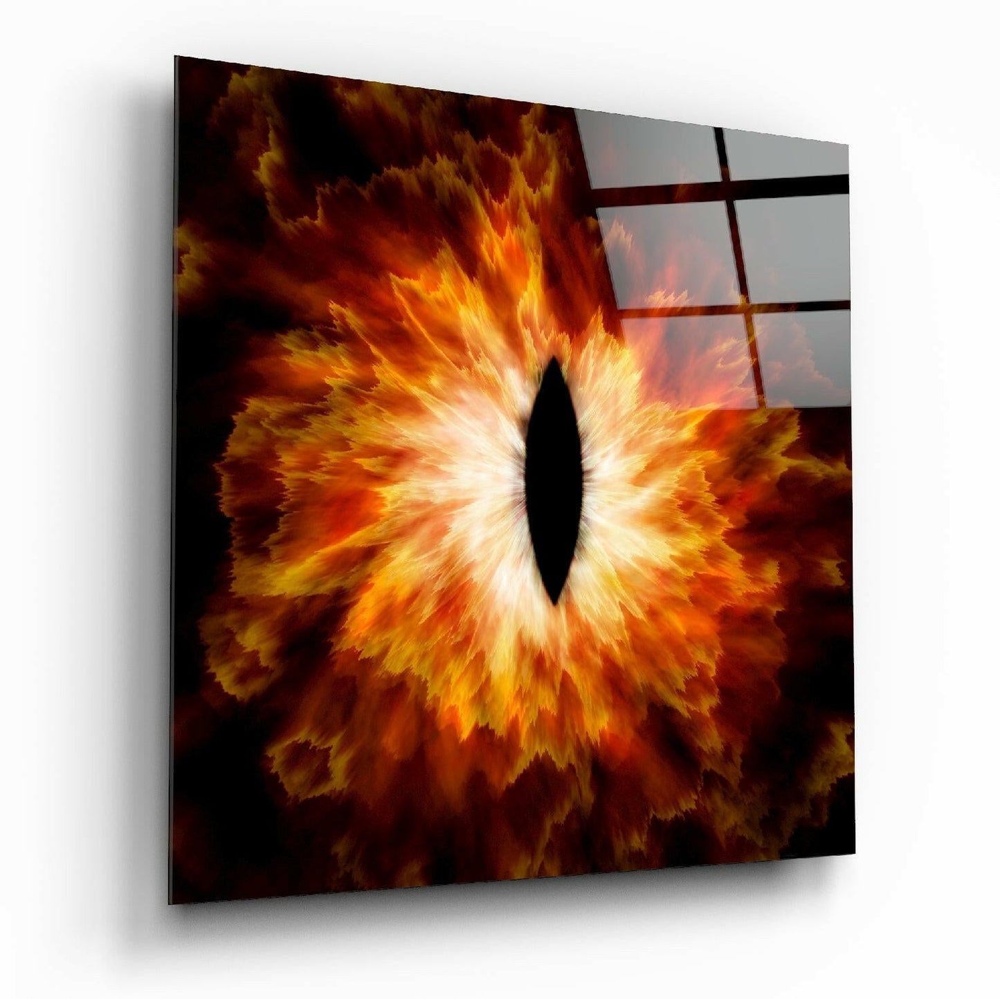 Fire eye glass wall art on living room wall
