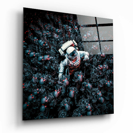 Android Cemetery glass wall art hanging on a modern wall