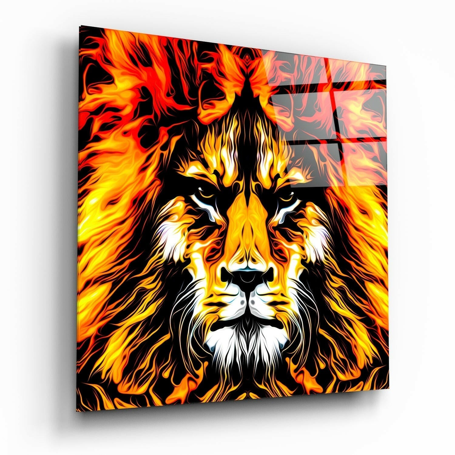 Lion glass wall art bold animal portrait design