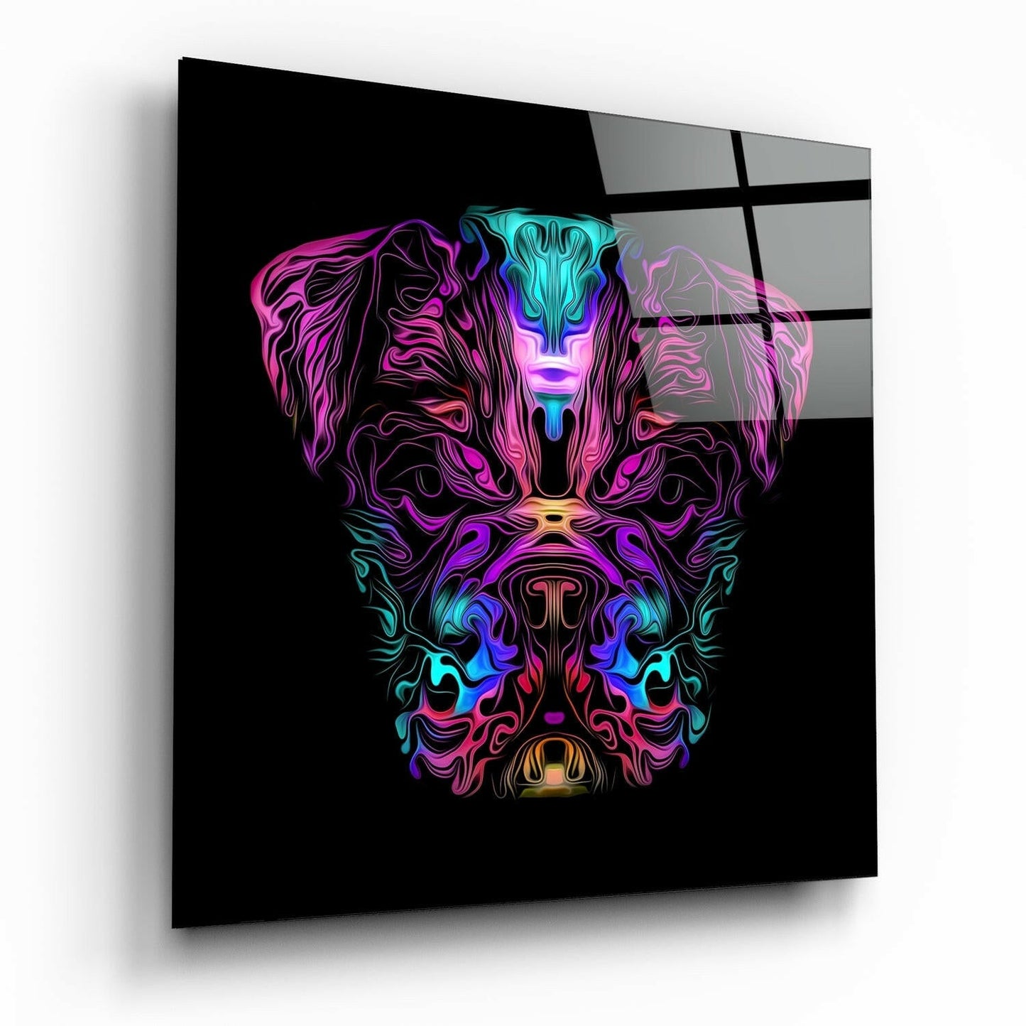 Angry dog glass wall art, fierce dog portrait on high-gloss tempered glass